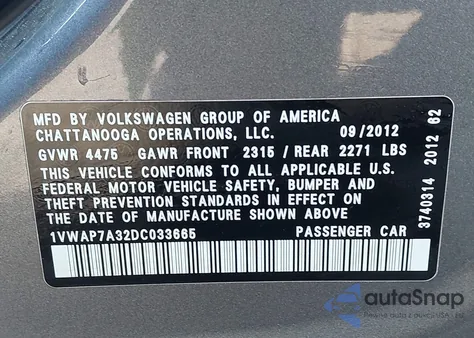 2013 Volkswagen Passat 2.5L S z USA, uszkodzony, nr VIN 1VWAP7A32DC033665